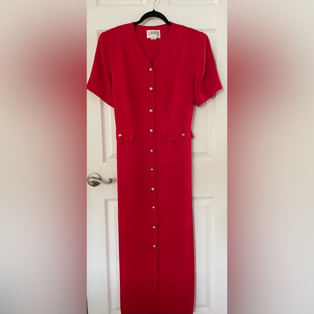 Vintage Julian Taylor Vibrant Red Button-Front ShortSleeve Midi Dress - Picture 1 of 6